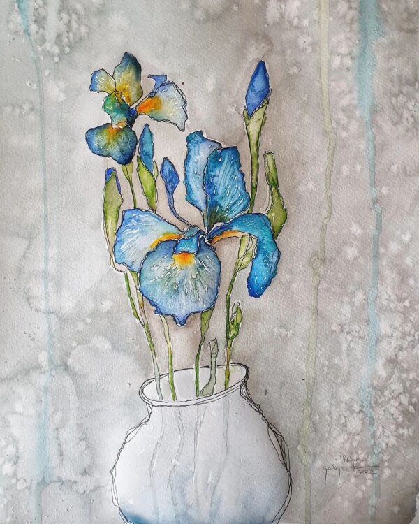 Irises in a Vase - Modern Abstract Handmade Original Watercolour Painting, theme flowers in a vase, grey background 21x 30cm