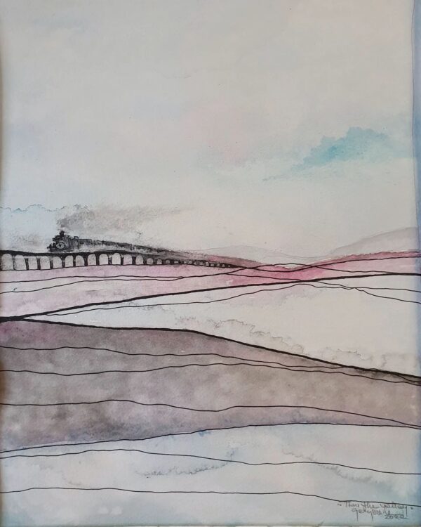 Thru the Valley- Modern Abstract Handmade Original Watercolour Painting, theme train passing through a frozen valley, winter cold feeling