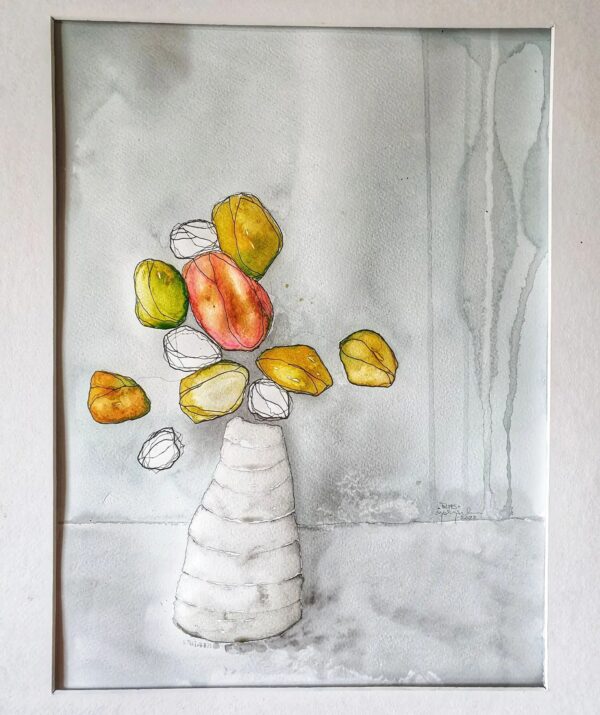 Tulips - Modern Abstract Handmade Original Painting, theme flowers, watercolour, off white background, still life art, odd shape vase